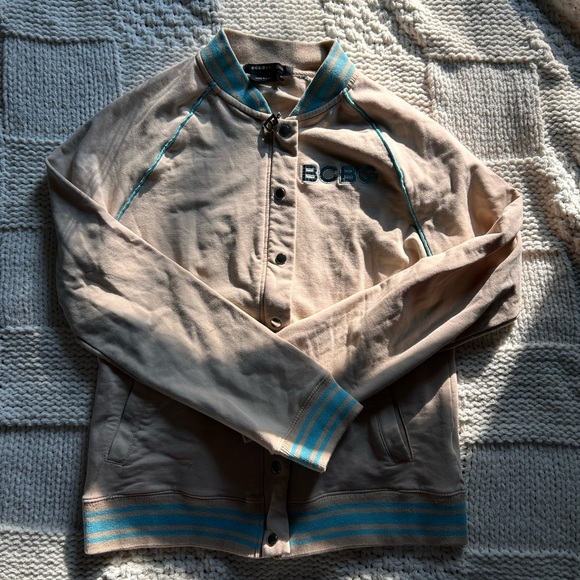 BCBCMaxAzria Tan Blue Varsity Zip Button Jacket - Picture 2 of 6